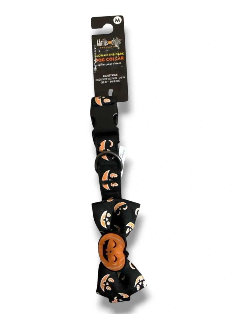 NWT Thrills & Chills Glow-In-The-Dark Halloween Pumpkin Dog Collar Bow Tie M